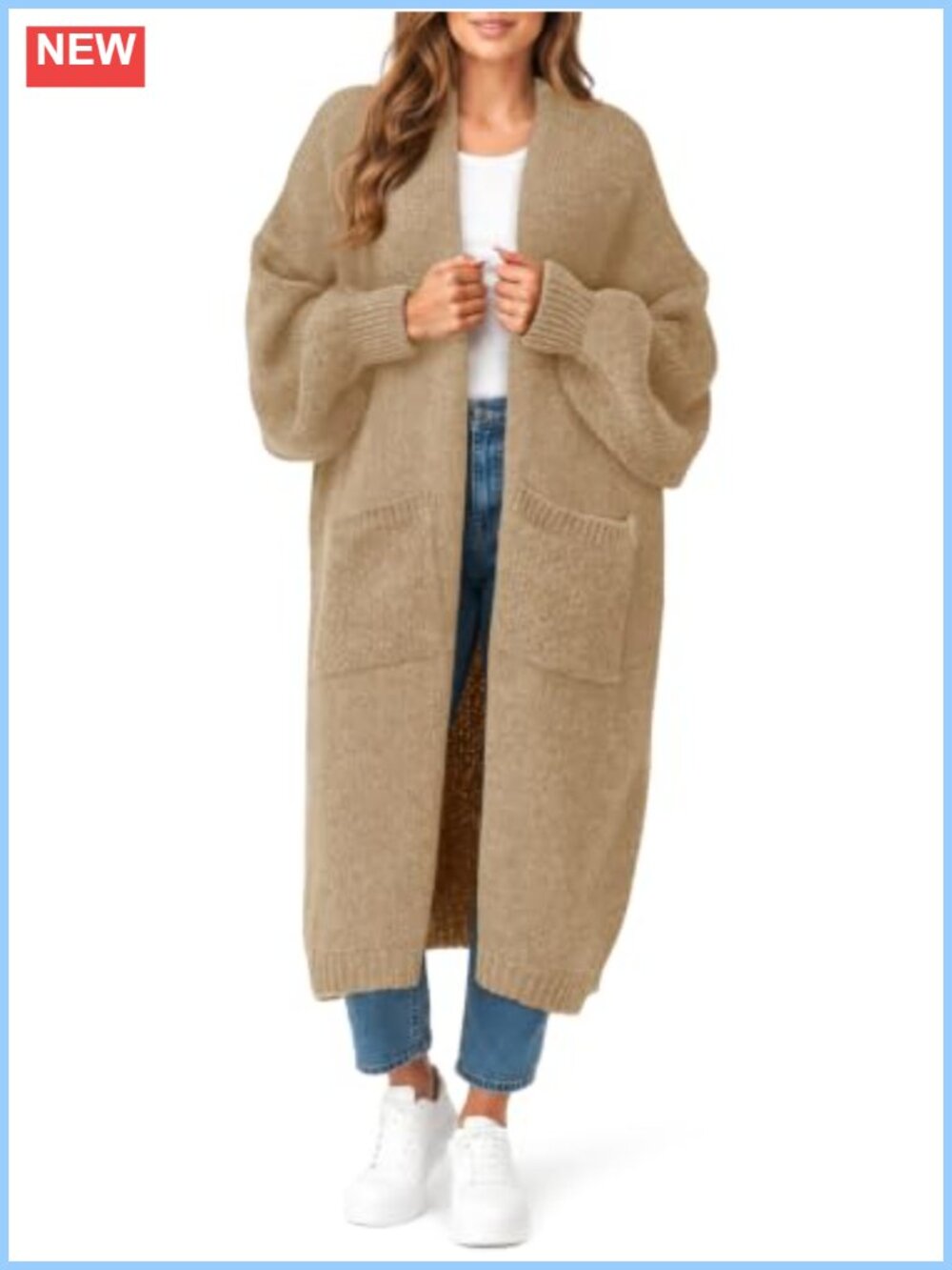 Oversized Ribbed Knit Long Cardigan Open Front Puff Sleeve Coatigan